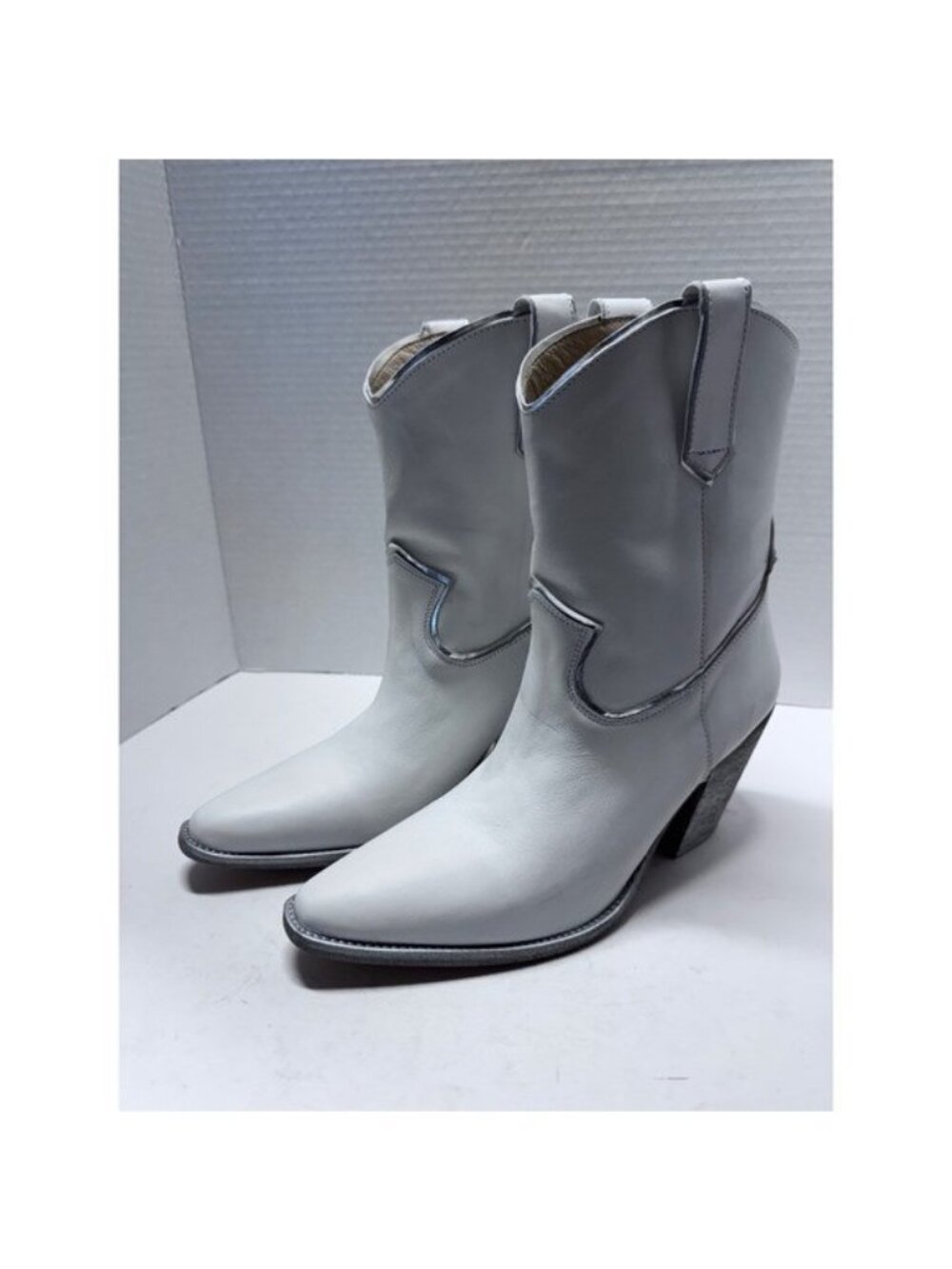 Golo White Leather Western Cowboy Boots Silver Trim Pointed Toe Portugal Size 9